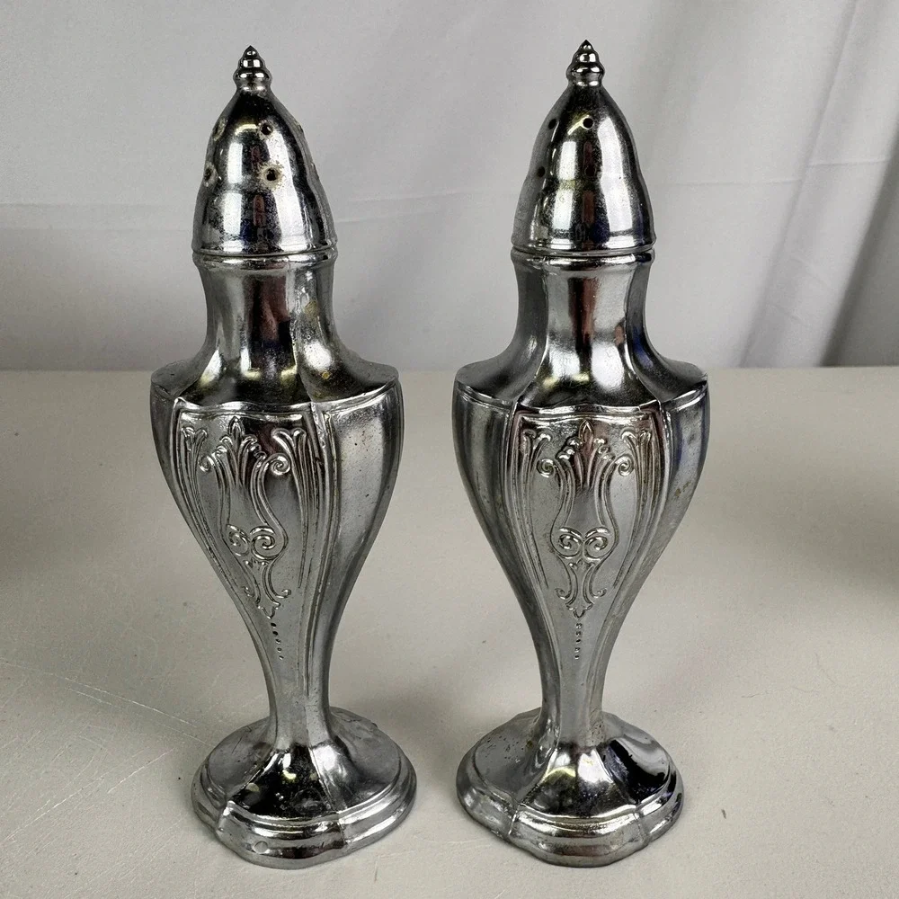 Vintage Ornate Silver Tone Salt‎ and Pepper Shakers Tall Pedestal Scrollwork Set